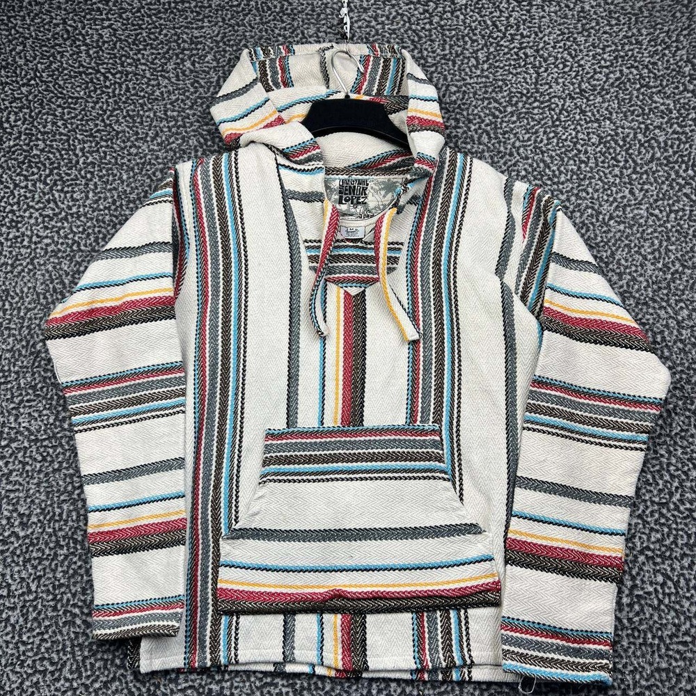 Original Senor Lopez Baja Hoodie Men Medium White Striped Poncho Pullover